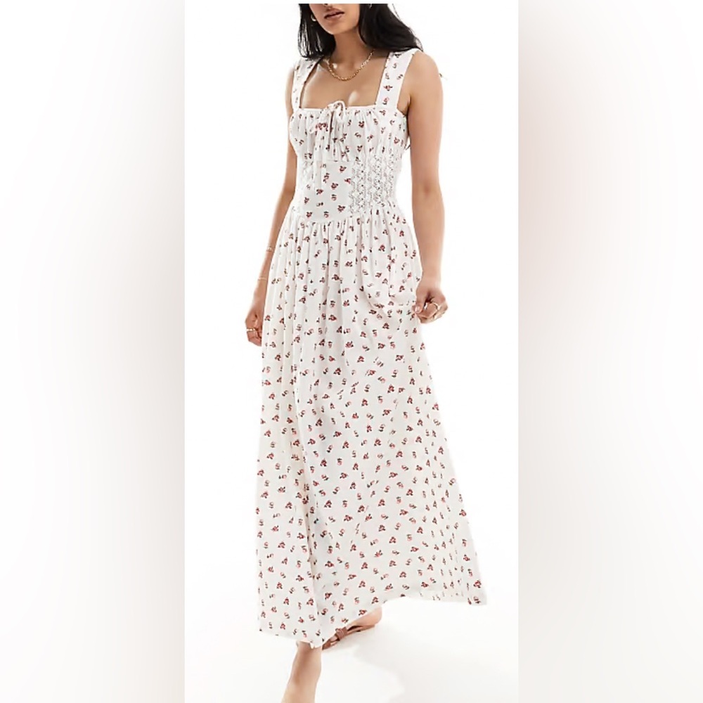 NWT ASOS DESIGN square neck ruched bust maxi dress with lace inserts - Picture 1 of 9